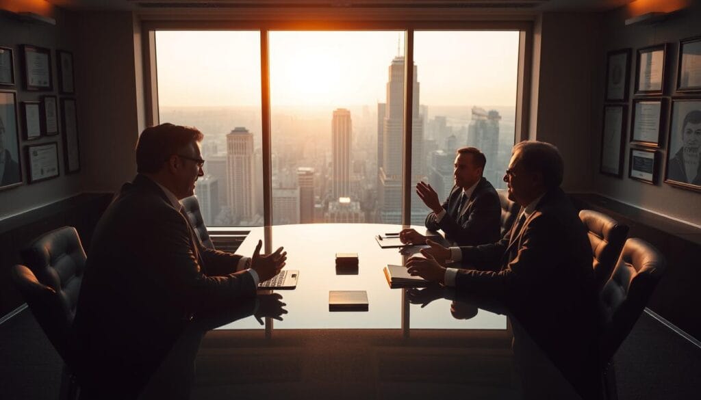 A well-lit boardroom setting, featuring a group of professional-looking human advisors engaged in a meeting. In the foreground, three figures sit around a sleek, modern conference table, dressed in formal attire and gesturing animatedly as they discuss investment strategies. The middle ground showcases a large, floor-to-ceiling window overlooking a bustling cityscape, bathing the room in a warm, natural light. In the background, the walls are adorned with framed certificates and accolades, conveying a sense of expertise and authority. The overall mood is one of serious, high-level financial discussion, with a touch of sophistication and confidence.