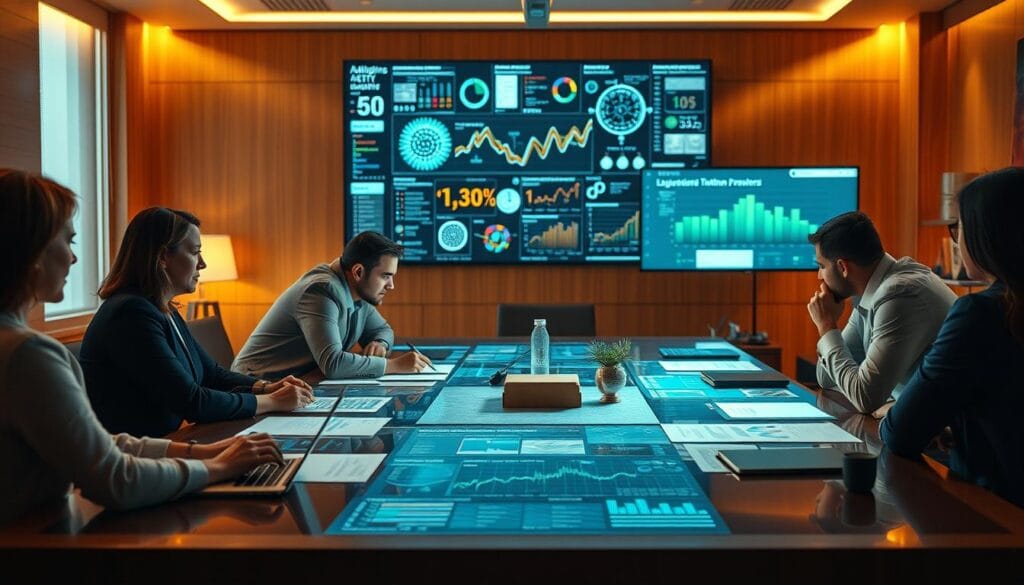A well-lit boardroom table, its surface covered in neatly arranged data visualizations and analytics dashboards. Executives lean in, intently studying the insights displayed on high-resolution screens. Ambient lighting casts a warm glow, creating a contemplative atmosphere as the team engages in data-driven decision making. In the background, a wall-mounted display showcases complex algorithms, neural networks, and predictive models - the powerful analytical tools that inform their strategic choices. Warm wood tones and modern, minimalist decor convey a sense of innovation and forward-thinking. The overall scene emanates a feeling of confident, data-empowered leadership. A well-lit boardroom table, its surface covered in neatly arranged data visualizations and analytics dashboards. Executives lean in, intently studying the insights displayed on high-resolution screens. Ambient lighting casts a warm glow, creating a contemplative atmosphere as the team engages in data-driven decision making. In the background, a wall-mounted display showcases complex algorithms, neural networks, and predictive models - the powerful analytical tools that inform their strategic choices. Warm wood tones and modern, minimalist decor convey a sense of innovation and forward-thinking. The overall scene emanates a feeling of confident, data-empowered leadership.