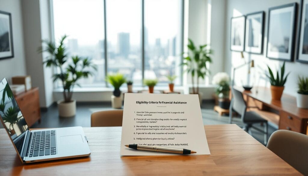 A well-lit, clean and modern office setting. In the foreground, a wooden desk with a laptop, pen, and a sheet of paper with bullet points outlining the eligibility criteria for financial assistance. The middle ground features a large window overlooking a cityscape, with natural light flooding the room. The background showcases tasteful decor, such as potted plants and framed artwork, creating a professional and inviting atmosphere. The overall composition conveys a sense of organization, clarity, and accessibility around the eligibility requirements for financial aid. A well-lit, clean and modern office setting. In the foreground, a wooden desk with a laptop, pen, and a sheet of paper with bullet points outlining the eligibility criteria for financial assistance. The middle ground features a large window overlooking a cityscape, with natural light flooding the room. The background showcases tasteful decor, such as potted plants and framed artwork, creating a professional and inviting atmosphere. The overall composition conveys a sense of organization, clarity, and accessibility around the eligibility requirements for financial aid.