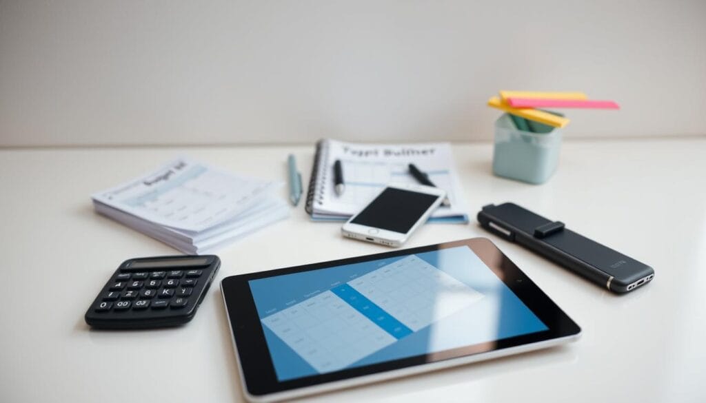A well-lit, close-up view of a variety of modern budgeting tools and personal finance accessories arranged on a minimalist desk. In the foreground, a sleek digital tablet displays a budgeting app interface, surrounded by a calculator, a stack of receipts, and a pen. In the middle ground, a smartphone rests next to a physical budget planner and a set of color-coded expense tracking envelopes. The background features a clean, neutral-toned wall, creating a professional, organized atmosphere conducive to effective financial planning and education.