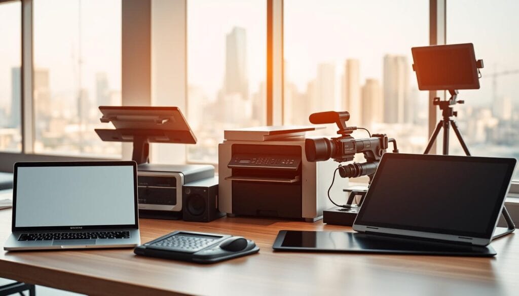 A well-lit, closeup shot of an array of modern business equipment, including a sleek laptop, a high-resolution scanner, a robust office printer, a professional-grade video camera, and a high-tech digital drawing tablet, all arranged neatly on a minimalist, wood-paneled desk. The equipment is bathed in a warm, soft lighting that creates a sense of productivity and efficiency. The image has a shallow depth of field, keeping the equipment in sharp focus while gently blurring the background, which features a clean, bright office space with large windows overlooking a bustling city skyline.