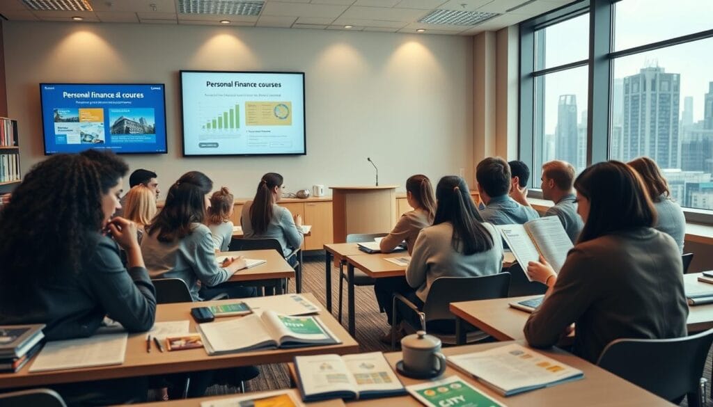 A well-lit, contemporary classroom setting with various financial education resources displayed on desks and shelves. In the foreground, a diverse group of students of different ages and backgrounds are engaged in a hands-on learning activity, such as reviewing personal budgeting worksheets or investment portfolios. The middle ground features a teaching podium with digital presentation screens showcasing personal finance course topics. The background depicts a large window with a cityscape view, conveying a sense of urban sophistication. Warm, inviting lighting and a neutral color palette create a professional yet accessible atmosphere, reflecting the inclusive and practical nature of the personal finance courses.