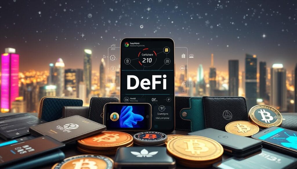 A well-lit, detailed composition of various cryptocurrency wallets arranged in the foreground, showcasing their sleek designs and diverse functionality. In the middle ground, a holographic display illustrates the process of interacting with decentralized finance (DeFi) protocols, while the background features a futuristic cityscape with skyscrapers and a starry night sky, evoking a sense of technological progress and the potential of the DeFi ecosystem. A well-lit, detailed composition of various cryptocurrency wallets arranged in the foreground, showcasing their sleek designs and diverse functionality. In the middle ground, a holographic display illustrates the process of interacting with decentralized finance (DeFi) protocols, while the background features a futuristic cityscape with skyscrapers and a starry night sky, evoking a sense of technological progress and the potential of the DeFi ecosystem.