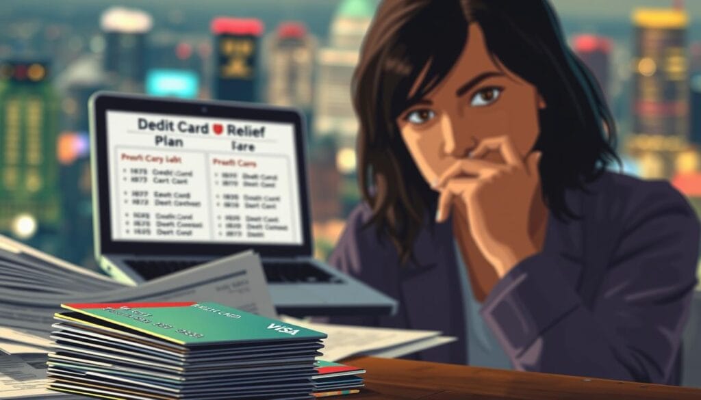 A well-lit, detailed illustration depicting various credit card debt relief options. In the foreground, a stack of credit cards represents the burden of debt, surrounded by financial documents and an open laptop displaying debt management plan options. In the middle ground, a person contemplates their financial choices, their face partially obscured by a hand resting on their chin. In the background, a vibrant, blurred cityscape symbolizes the broader economic landscape. The overall tone is one of thoughtful consideration, with a sense of hope and possibility for a path forward from debt.