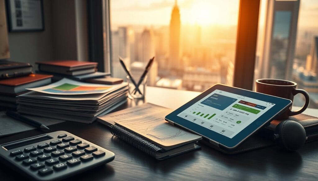 A well-lit, detailed office desk with various money management tools organized neatly. In the foreground, a sleek metal calculator, a stack of colorful financial reports, and a leather-bound ledger. In the middle ground, a tablet displaying a budgeting app interface, alongside a pen holder and a cup of coffee. The background features a large window overlooking a vibrant cityscape, bathed in warm, golden sunlight. The overall atmosphere is one of productivity, efficiency, and a sense of financial control and organization.