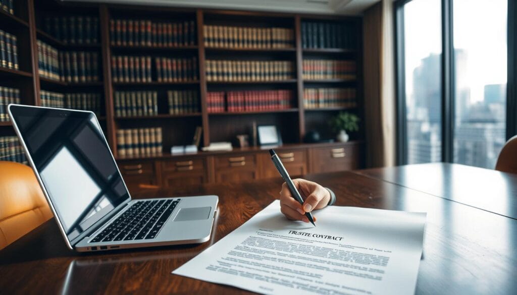 A well-lit, detailed office interior with a large wooden desk. On the desk, an open laptop, a trustee contract, and a male hand signing the document. In the background, shelves with legal books and files, along with a large window overlooking a cityscape. The lighting is warm and inviting, conveying a sense of professionalism and trust. The angle is slightly elevated, creating a sense of authority and importance surrounding the act of choosing a trustee. The mood is one of careful consideration and responsibility.