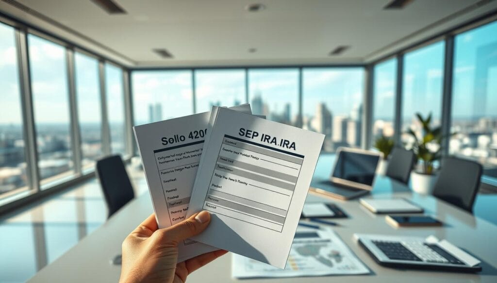 A well-lit, high-resolution illustration depicting various retirement account options for the self-employed. In the foreground, a hand holding financial documents representing different self-employed retirement plans such as a Solo 401(k), SEP IRA, and SIMPLE IRA. In the middle ground, a desk with a laptop, calculator, and other financial planning tools. The background features a serene, modern office setting with large windows overlooking a cityscape. The overall mood is one of financial security and informed decision-making for the self-employed individual planning for retirement.