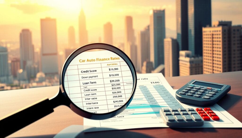 A well-lit, high-resolution illustration showcasing the key factors influencing auto loan rates. In the foreground, a magnifying glass hovers over a detailed chart displaying variables like credit score, down payment, loan term, and interest rates. In the middle ground, a car loan application form and a calculator symbolize the decision-making process. The background features a cityscape with towering skyscrapers, reflecting the broader economic conditions that shape the auto finance landscape. The overall scene conveys a sense of financial analysis and informed decision-making, guiding the viewer towards understanding the complexities of securing favorable auto loan rates. A well-lit, high-resolution illustration showcasing the key factors influencing auto loan rates. In the foreground, a magnifying glass hovers over a detailed chart displaying variables like credit score, down payment, loan term, and interest rates. In the middle ground, a car loan application form and a calculator symbolize the decision-making process. The background features a cityscape with towering skyscrapers, reflecting the broader economic conditions that shape the auto finance landscape. The overall scene conveys a sense of financial analysis and informed decision-making, guiding the viewer towards understanding the complexities of securing favorable auto loan rates.