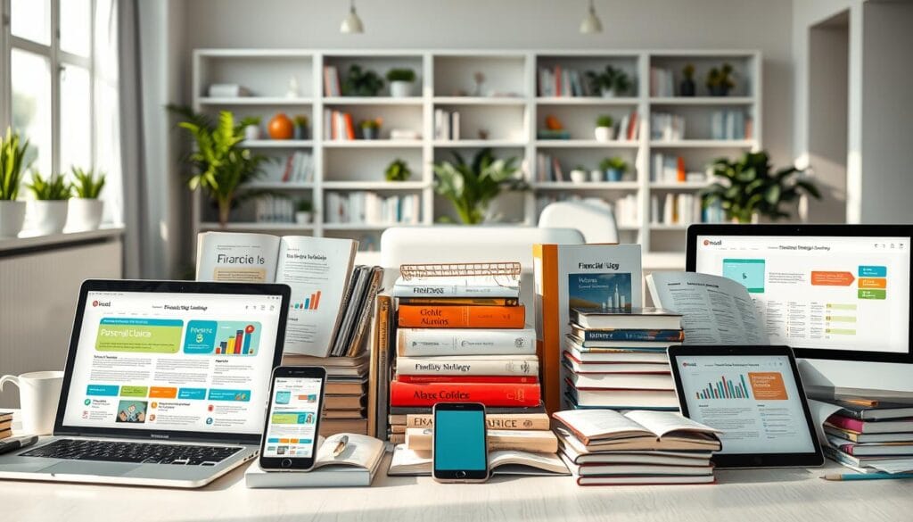 A well-lit, high-resolution image depicting an array of modern financial education resources. In the foreground, a variety of digital devices such as laptops, tablets, and smartphones are displayed, showcasing various financial learning platforms, apps, and interactive tools. The middle ground features textbooks, workbooks, and other printed materials on personal finance, investments, and money management. In the background, a clean, minimalist office or study setting with bookshelves, plants, and natural lighting creates a calm, professional atmosphere. The overall mood conveys the importance of accessible, engaging, and comprehensive financial education in the digital age.