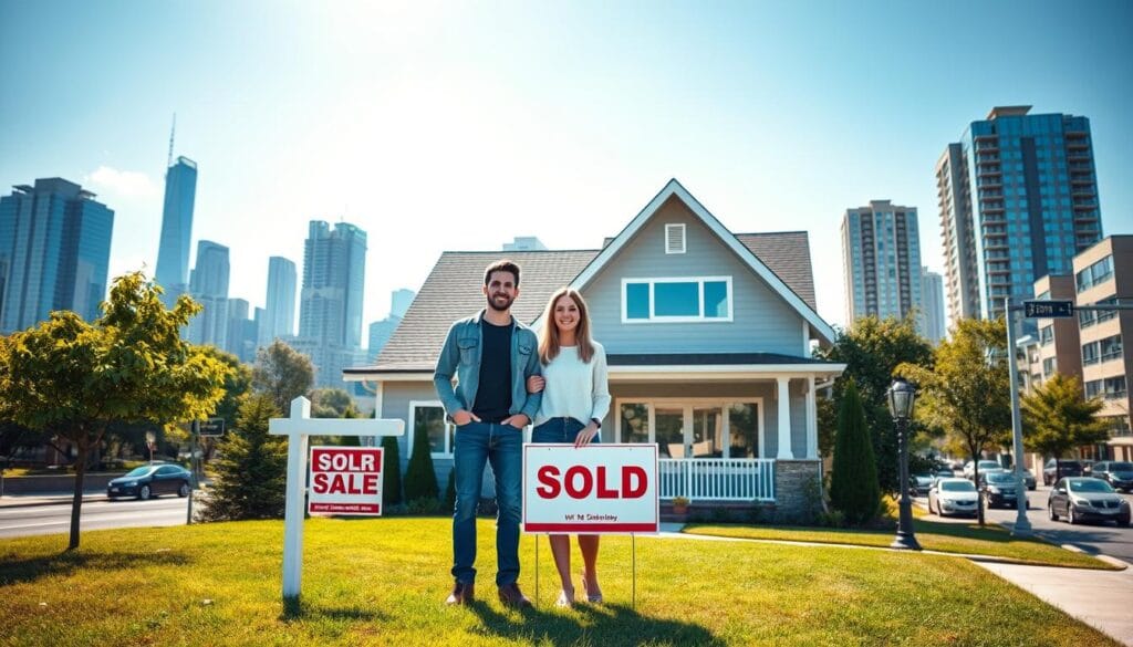 A well-lit, high-resolution, photorealistic image of the advantages of a VA loan in 2025. The foreground features a modern, energy-efficient house with a "SOLD" sign in the yard, surrounded by lush greenery and a clear blue sky. In the middle ground, a smiling young couple, dressed in casual attire, stand proudly in front of their new home. The background showcases a cityscape with skyscrapers and bustling streets, emphasizing the urban setting. The image conveys a sense of financial security, home ownership, and the ongoing benefits of the VA loan program in the near future. A well-lit, high-resolution, photorealistic image of the advantages of a VA loan in 2025. The foreground features a modern, energy-efficient house with a "SOLD" sign in the yard, surrounded by lush greenery and a clear blue sky. In the middle ground, a smiling young couple, dressed in casual attire, stand proudly in front of their new home. The background showcases a cityscape with skyscrapers and bustling streets, emphasizing the urban setting. The image conveys a sense of financial security, home ownership, and the ongoing benefits of the VA loan program in the near future.