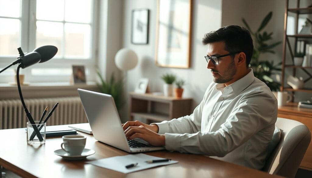 A well-lit home office setting with a freelance consultant working diligently on a laptop, surrounded by a cozy ambiance. The room features a large window allowing natural light to stream in, illuminating the scene. On the desk, a cup of coffee, a pen holder, and a few papers are neatly arranged, conveying a professional yet inviting atmosphere. The walls are adorned with minimalist artwork, and a potted plant adds a touch of greenery to the space. The consultant, dressed in a crisp, button-down shirt, is deeply engaged in their work, exemplifying the productivity and focus associated with AI-driven freelance consulting. A well-lit home office setting with a freelance consultant working diligently on a laptop, surrounded by a cozy ambiance. The room features a large window allowing natural light to stream in, illuminating the scene. On the desk, a cup of coffee, a pen holder, and a few papers are neatly arranged, conveying a professional yet inviting atmosphere. The walls are adorned with minimalist artwork, and a potted plant adds a touch of greenery to the space. The consultant, dressed in a crisp, button-down shirt, is deeply engaged in their work, exemplifying the productivity and focus associated with AI-driven freelance consulting.