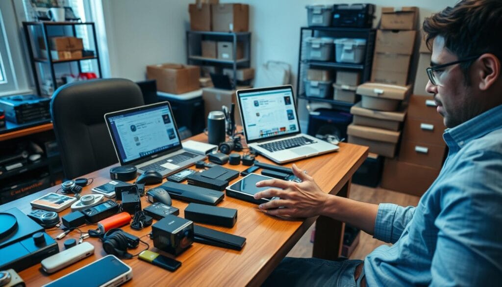 A well-lit home office setting with a hardwood desk and chair. On the desk, an assortment of electronics, gadgets, and other items are arranged neatly. The foreground features a person's hands skillfully evaluating and pricing the merchandise, their facial expression focused and determined. The middle ground showcases a laptop open, displaying online marketplace listings and sales data. In the background, shelves filled with stacked boxes and storage containers hint at the scale of the reselling operation. The overall atmosphere conveys a sense of hustle, efficiency, and the potential for financial gain through smart product sourcing and flipping. A well-lit home office setting with a hardwood desk and chair. On the desk, an assortment of electronics, gadgets, and other items are arranged neatly. The foreground features a person's hands skillfully evaluating and pricing the merchandise, their facial expression focused and determined. The middle ground showcases a laptop open, displaying online marketplace listings and sales data. In the background, shelves filled with stacked boxes and storage containers hint at the scale of the reselling operation. The overall atmosphere conveys a sense of hustle, efficiency, and the potential for financial gain through smart product sourcing and flipping.