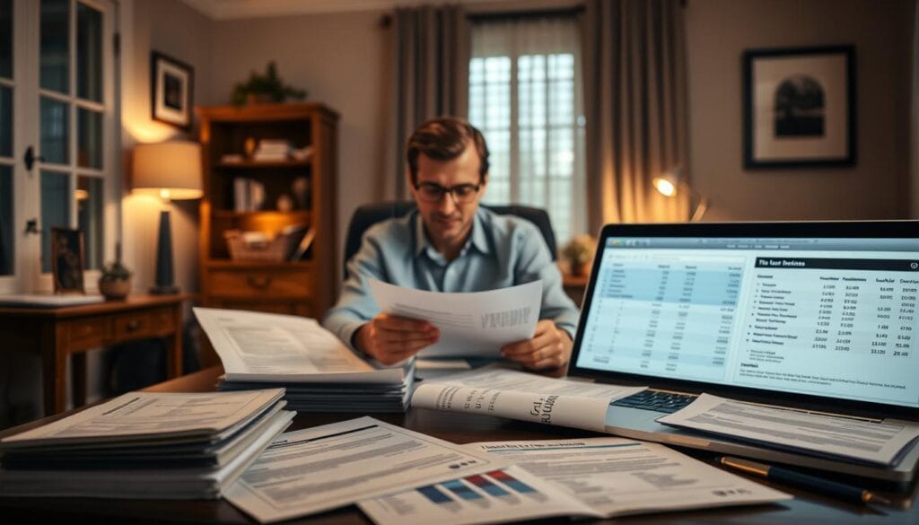 A well-lit home office setting with a person sitting at a desk, intently reviewing loan documents and financial statements. In the foreground, various loan options and applications are neatly arranged, representing the decision-making process. In the middle ground, a laptop displays a comparison of loan terms and interest rates, while the background features tasteful decor that creates a professional, yet inviting atmosphere. Soft, warm lighting emanates from discreet sources, casting a subtle glow and conveying a sense of thoughtfulness and care in the decision-making. The overall mood is one of focus, diligence, and the importance of making a well-informed choice when selecting the right home improvement loan. A well-lit home office setting with a person sitting at a desk, intently reviewing loan documents and financial statements. In the foreground, various loan options and applications are neatly arranged, representing the decision-making process. In the middle ground, a laptop displays a comparison of loan terms and interest rates, while the background features tasteful decor that creates a professional, yet inviting atmosphere. Soft, warm lighting emanates from discreet sources, casting a subtle glow and conveying a sense of thoughtfulness and care in the decision-making. The overall mood is one of focus, diligence, and the importance of making a well-informed choice when selecting the right home improvement loan.
