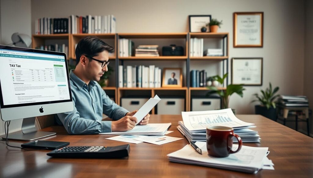 A well-lit, modern home office with a sleek desk, a laptop displaying tax software, and a stack of financial documents. The foreground features a focused self-employed professional reviewing their tax details. The middle ground showcases organizational tools like a calculator, pen, and a mug of coffee. The background has shelves filled with tax-related books and a framed certificate acknowledging the user's expertise. The overall atmosphere conveys a sense of productivity, efficiency, and the expertise required for successful self-employment tax filing.
