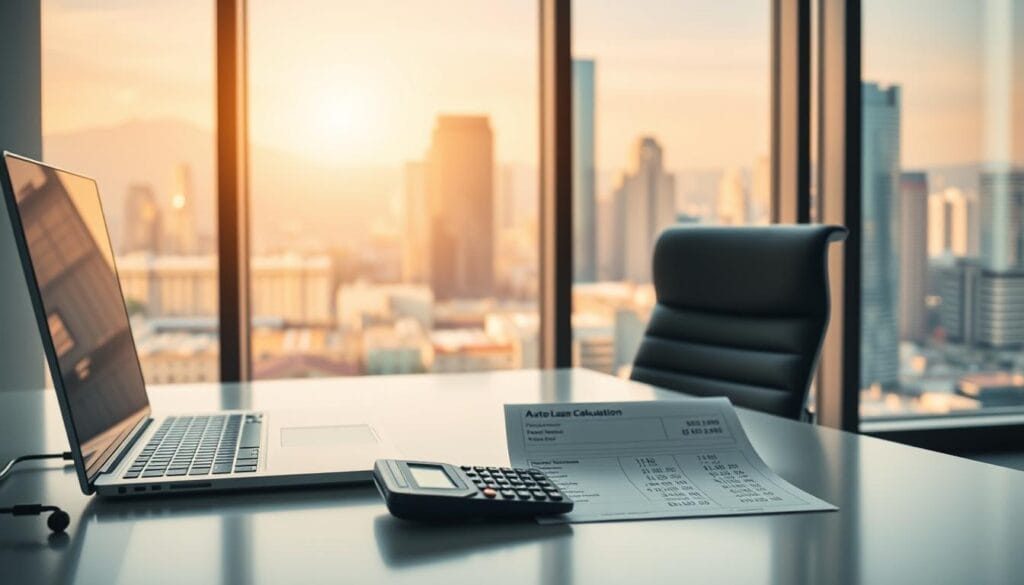 A well-lit, modern office interior with a sleek, minimalist desk and chair. On the desk, a laptop computer and a calculator, along with a sheet of paper displaying a detailed auto loan calculation. The background features a large window overlooking a vibrant cityscape, bathing the scene in warm, natural lighting. The overall atmosphere is professional, focused, and informative, conveying the sense of someone actively engaged in the process of calculating their auto loan payments. A well-lit, modern office interior with a sleek, minimalist desk and chair. On the desk, a laptop computer and a calculator, along with a sheet of paper displaying a detailed auto loan calculation. The background features a large window overlooking a vibrant cityscape, bathing the scene in warm, natural lighting. The overall atmosphere is professional, focused, and informative, conveying the sense of someone actively engaged in the process of calculating their auto loan payments.