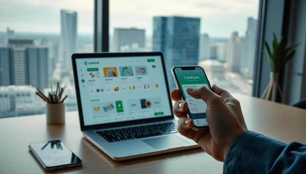 A well-lit, modern office scene with a desk, a laptop, and a smartphone prominently featured. On the laptop screen, a cashback app interface is displayed, showcasing various discounts and rewards. In the foreground, a person's hand is holding the smartphone, highlighting a cashback transaction. The background features a large window overlooking a cityscape, creating a sense of productivity and financial savvy. The overall mood is one of efficiency, optimization, and financial empowerment, illustrating the benefits of using cashback apps in 2025. A well-lit, modern office scene with a desk, a laptop, and a smartphone prominently featured. On the laptop screen, a cashback app interface is displayed, showcasing various discounts and rewards. In the foreground, a person's hand is holding the smartphone, highlighting a cashback transaction. The background features a large window overlooking a cityscape, creating a sense of productivity and financial savvy. The overall mood is one of efficiency, optimization, and financial empowerment, illustrating the benefits of using cashback apps in 2025.