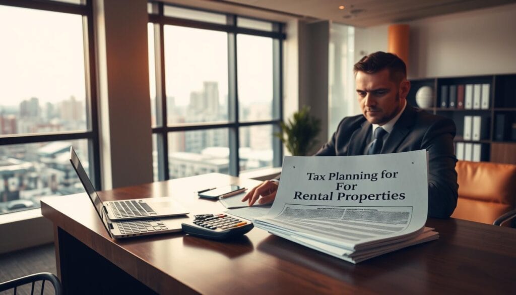 A well-lit modern office with a large window overlooking a cityscape. On the desk, a laptop, a calculator, and a stack of documents labeled "Tax Planning for Rental Properties". A professional businessman in a suit sits at the desk, studying the paperwork intently. Warm lighting creates a focused, contemplative atmosphere. The room's decor is minimal yet elegant, with clean lines and subtle accents. This scene conveys the thoughtful, diligent process of tax planning for real estate investors.