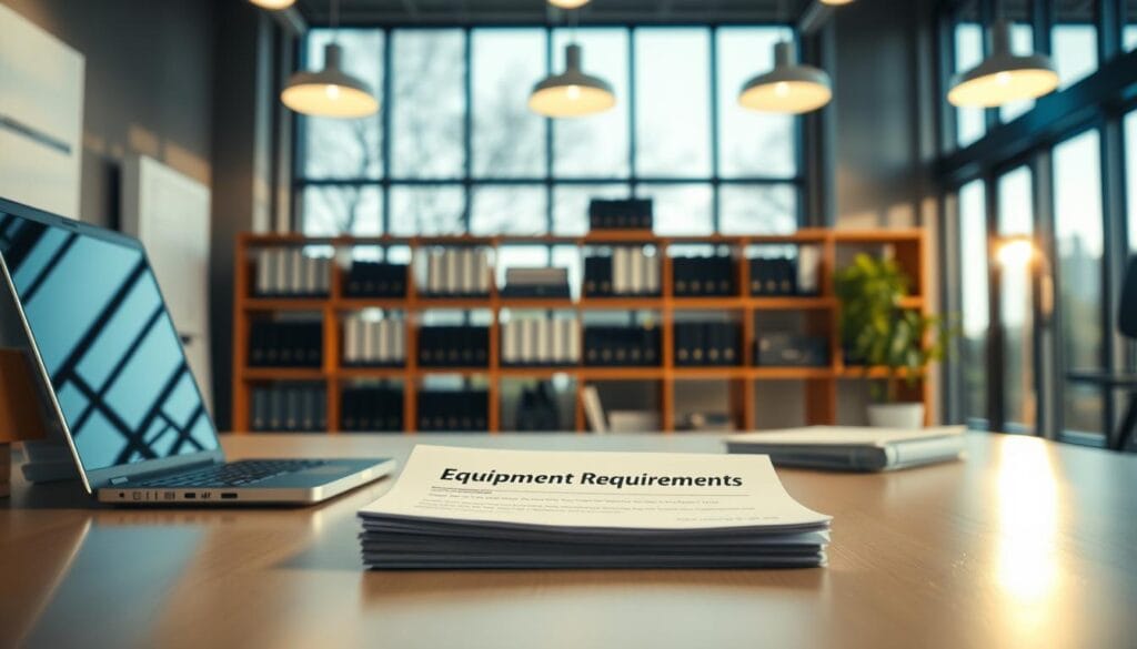 A well-lit office interior, the foreground focused on a desk with a laptop, calculator, and a stack of documents labeled "Equipment Financing Requirements". In the middle ground, shelves line the walls, displaying binders and folders. The background features large windows, allowing natural light to stream in, creating a professional, business-focused atmosphere. The lighting is warm and inviting, with a sense of organization and attention to detail. The composition is balanced, drawing the viewer's eye to the central desk and the key information it contains.