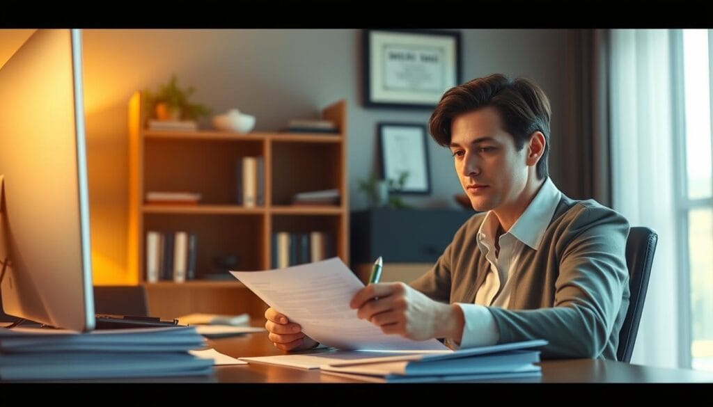 A well-lit office scene with a person sitting at a desk, reviewing and filling out a loan application form. The desk is adorned with a computer, pen, and a stack of documents. In the background, a bookshelf and a framed certificate or diploma on the wall suggest a professional setting. The lighting is warm and inviting, creating a sense of diligence and attention to detail. The person's expression is focused, conveying the seriousness and importance of the loan application process. The overall atmosphere is one of a methodical, carefully considered financial decision-making. A well-lit office scene with a person sitting at a desk, reviewing and filling out a loan application form. The desk is adorned with a computer, pen, and a stack of documents. In the background, a bookshelf and a framed certificate or diploma on the wall suggest a professional setting. The lighting is warm and inviting, creating a sense of diligence and attention to detail. The person's expression is focused, conveying the seriousness and importance of the loan application process. The overall atmosphere is one of a methodical, carefully considered financial decision-making.