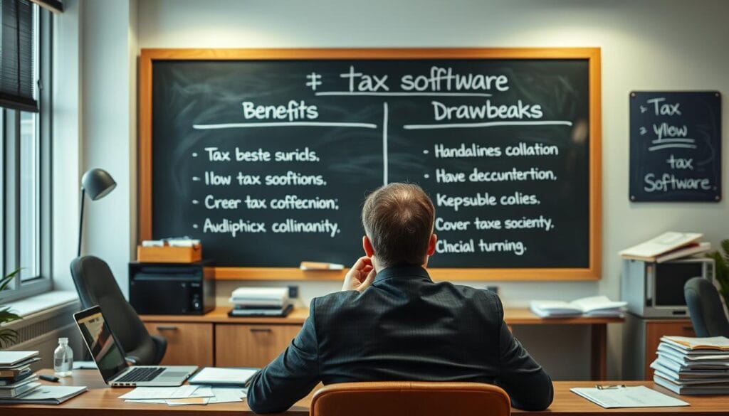 A well-lit office setting with a desk, laptop, and various tax-related documents. In the foreground, a businessman sits deep in thought, weighing the pros and cons of using tax software. The background features a chalkboard displaying the key benefits and drawbacks of tax software, presented in a balanced manner. The overall scene conveys a sense of careful consideration and the decision-making process involved in choosing the right tax preparation solution.