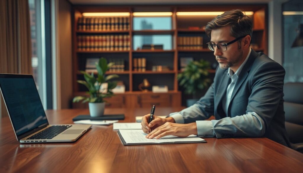 A well-lit office setting with a large wooden desk, neatly organized with a laptop, papers, and a pen. In the foreground, a person sits focused, hands on the desk, planning out a trust fund setup process on a notepad. The middle ground features shelves of legal books and a plant, conveying a professional, considered atmosphere. The background is slightly blurred, hinting at a window overlooking a cityscape, suggesting a high-end, urban location. The lighting is warm and slightly directional, creating depth and highlighting the planning process. The overall mood is one of diligence, thoughtfulness, and a sense of securing a legacy.