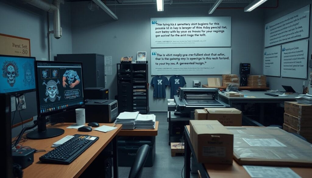 A well-lit, professionally-photographed scene depicting the business process of an AI-powered t-shirt design and sales operation. In the foreground, a designer's workstation showcases AI-generated artwork and mockups of t-shirt designs. In the middle ground, an order fulfillment station with t-shirt printing equipment, packaging materials, and shipping labels. In the background, a wall display highlighting customer testimonials and positive reviews for the AI-powered t-shirt business. The overall mood is one of efficiency, quality, and customer satisfaction, conveying the viability of selling AI-generated art on t-shirts.