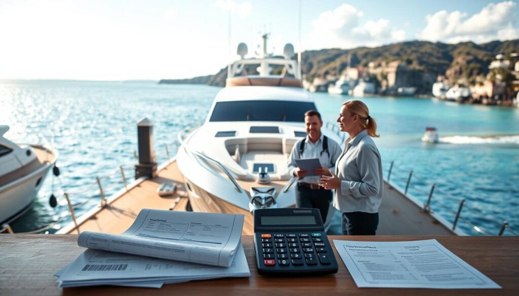 A well-lit, spacious marine dock with a sleek, modern yacht berthed at the center. In the foreground, financial documents and a calculator symbolize the benefits of vessel financing - accessibility, flexibility, and the ability to upgrade to a higher-quality craft. The middle ground features a friendly banker discussing loan options with a prospective boat owner, their expressions conveying trust and confidence. In the background, a picturesque coastal landscape with a clear, azure sky and gently lapping waves sets the serene, aspirational mood. The composition emphasizes the ease and advantages of securing boat financing to embark on newfound adventures. A well-lit, spacious marine dock with a sleek, modern yacht berthed at the center. In the foreground, financial documents and a calculator symbolize the benefits of vessel financing - accessibility, flexibility, and the ability to upgrade to a higher-quality craft. The middle ground features a friendly banker discussing loan options with a prospective boat owner, their expressions conveying trust and confidence. In the background, a picturesque coastal landscape with a clear, azure sky and gently lapping waves sets the serene, aspirational mood. The composition emphasizes the ease and advantages of securing boat financing to embark on newfound adventures.