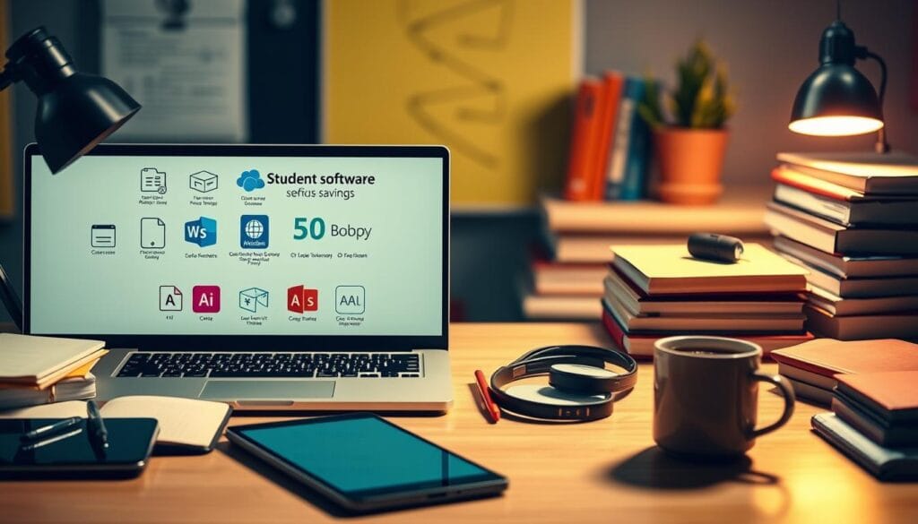 A well-lit, vibrant scene of a student's desk showcasing various software icons, product logos, and discount badges. In the foreground, a laptop displays an open window highlighting student software savings. On the desk, an array of digital devices such as a tablet, smartphone, and headphones create a tech-savvy workspace. The mid-ground features stacks of textbooks, notebooks, and a mug of coffee, capturing the essence of a productive student environment. The background is softly blurred, emphasizing the focal point of the discounted software offerings. The overall mood conveys a sense of efficiency, affordability, and the empowerment of students leveraging technology.