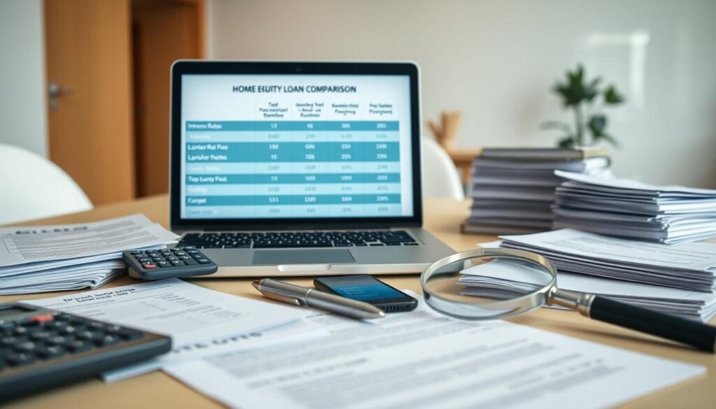A well-lit, wide-angle shot of a desk surface showcasing various documents, calculators, and smartphones representing different home equity loan providers. In the foreground, a laptop displays a comparison chart of interest rates, loan terms, and fees from top lenders. The middle ground features stacks of financial paperwork, a pen, and a magnifying glass, suggesting a thorough research process. The background fades into a soft, blurred office setting, emphasizing the focus on the lender comparison. The overall scene conveys a sense of financial diligence and informed decision-making for the best home equity loan options. A well-lit, wide-angle shot of a desk surface showcasing various documents, calculators, and smartphones representing different home equity loan providers. In the foreground, a laptop displays a comparison chart of interest rates, loan terms, and fees from top lenders. The middle ground features stacks of financial paperwork, a pen, and a magnifying glass, suggesting a thorough research process. The background fades into a soft, blurred office setting, emphasizing the focus on the lender comparison. The overall scene conveys a sense of financial diligence and informed decision-making for the best home equity loan options.