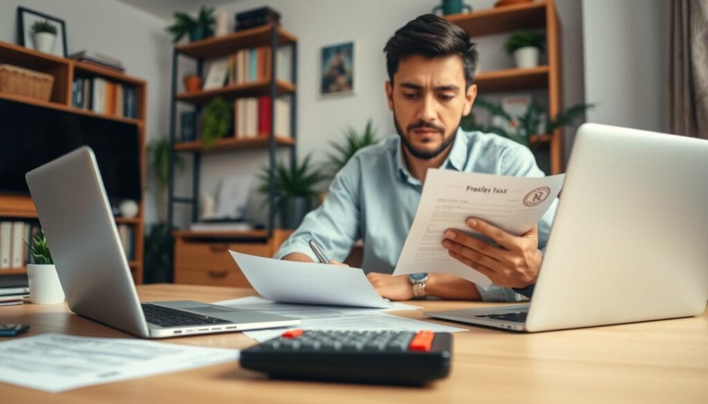 A well-organized home office with a freelancer actively filing their state tax return. The foreground features a desk with a laptop, papers, and a calculator. The middle ground shows the freelancer focused on their work, brow furrowed in concentration. The background depicts a warm, cozy atmosphere with bookshelves, potted plants, and soft lighting, conveying a sense of professionalism and productivity. The scene is captured with a shallow depth of field, drawing the viewer's attention to the key details of the tax filing process. Overall, the image showcases the essential features a freelancer would seek in tax software to simplify their state tax preparation. A well-organized home office with a freelancer actively filing their state tax return. The foreground features a desk with a laptop, papers, and a calculator. The middle ground shows the freelancer focused on their work, brow furrowed in concentration. The background depicts a warm, cozy atmosphere with bookshelves, potted plants, and soft lighting, conveying a sense of professionalism and productivity. The scene is captured with a shallow depth of field, drawing the viewer's attention to the key details of the tax filing process. Overall, the image showcases the essential features a freelancer would seek in tax software to simplify their state tax preparation.
