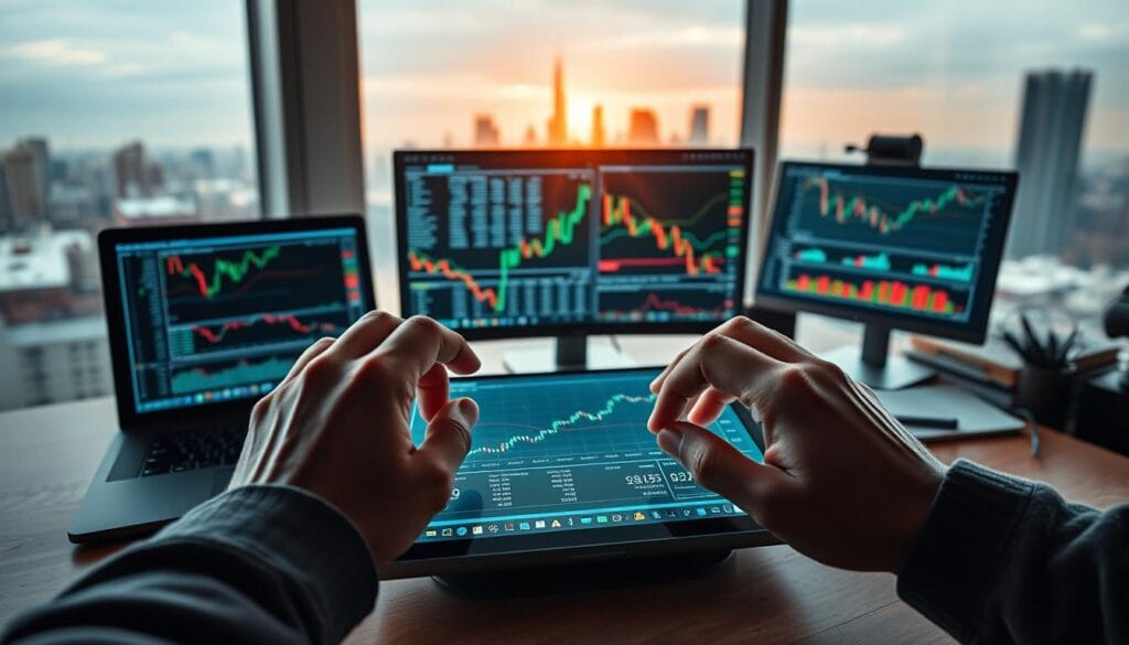 A workspace with a laptop, desktop computer, and various financial charts, graphs, and technical indicators. In the foreground, two hands operate a touchscreen interface, showcasing the contrast between manual technical analysis and automated machine learning algorithms. The background features a city skyline, suggesting the broader economic context. Lighting is natural, with a warm, focused glow on the workspace. The overall mood conveys a sense of analytical precision and the intersection of human expertise and technological advancement in financial forecasting.