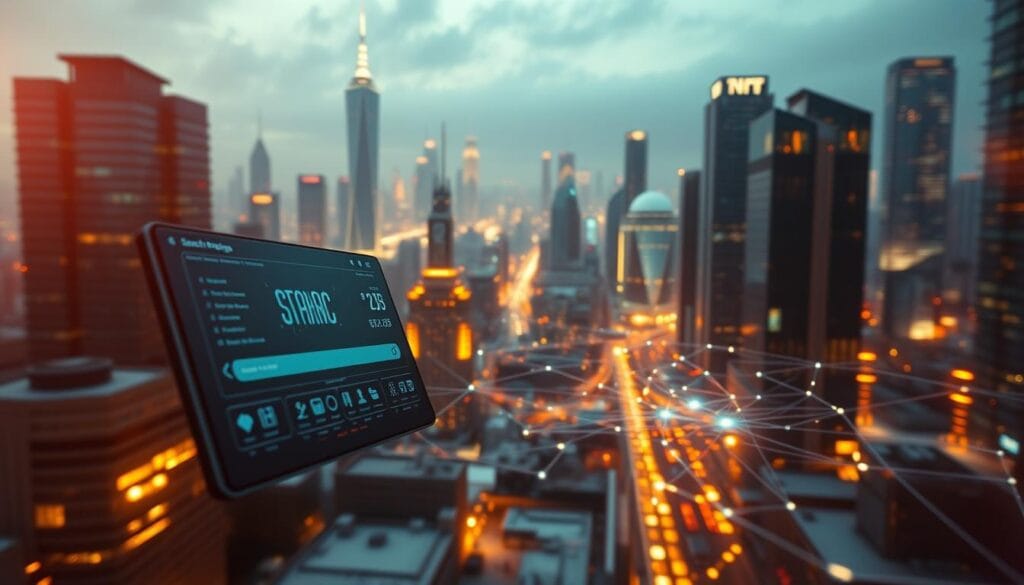 An advanced AI search engine navigating through a dynamic digital landscape. In the foreground, a sleek user interface displays real-time data visualization and intuitive search controls. In the middle ground, a network of interconnected nodes and pathways illustrates the engine's intelligent processing of vast information repositories. The background depicts a futuristic cityscape of towering skyscrapers and glowing holograms, showcasing the engine's ability to seamlessly integrate with cutting-edge urban infrastructure. Warm, subdued lighting casts an air of sophistication, while subtle lens flares and depth-of-field blur convey a sense of technological prowess and innovation. An advanced AI search engine navigating through a dynamic digital landscape. In the foreground, a sleek user interface displays real-time data visualization and intuitive search controls. In the middle ground, a network of interconnected nodes and pathways illustrates the engine's intelligent processing of vast information repositories. The background depicts a futuristic cityscape of towering skyscrapers and glowing holograms, showcasing the engine's ability to seamlessly integrate with cutting-edge urban infrastructure. Warm, subdued lighting casts an air of sophistication, while subtle lens flares and depth-of-field blur convey a sense of technological prowess and innovation.