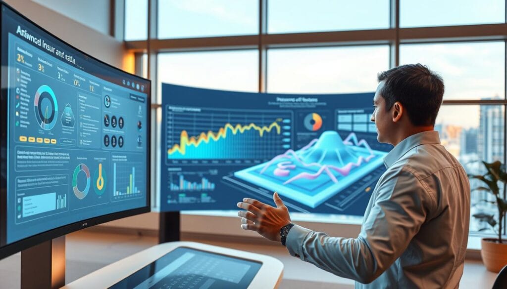 An advanced AI system analyzing insurance claims data, with a sleek, futuristic user interface displayed on a large curved monitor. In the foreground, an insurance agent reviews claim details and recommendations generated by the AI, their hands poised over a touchscreen control panel. The middle ground features a dynamic 3D visualization of claim trends and patterns, color-coded and interactive. The background shows a minimalist, high-tech office setting with floor-to-ceiling windows overlooking a modern cityscape. Warm, ambient lighting sets a reassuring, professional tone. The scene conveys efficiency, innovation, and a seamless integration of human and artificial intelligence in claims processing. An advanced AI system analyzing insurance claims data, with a sleek, futuristic user interface displayed on a large curved monitor. In the foreground, an insurance agent reviews claim details and recommendations generated by the AI, their hands poised over a touchscreen control panel. The middle ground features a dynamic 3D visualization of claim trends and patterns, color-coded and interactive. The background shows a minimalist, high-tech office setting with floor-to-ceiling windows overlooking a modern cityscape. Warm, ambient lighting sets a reassuring, professional tone. The scene conveys efficiency, innovation, and a seamless integration of human and artificial intelligence in claims processing.