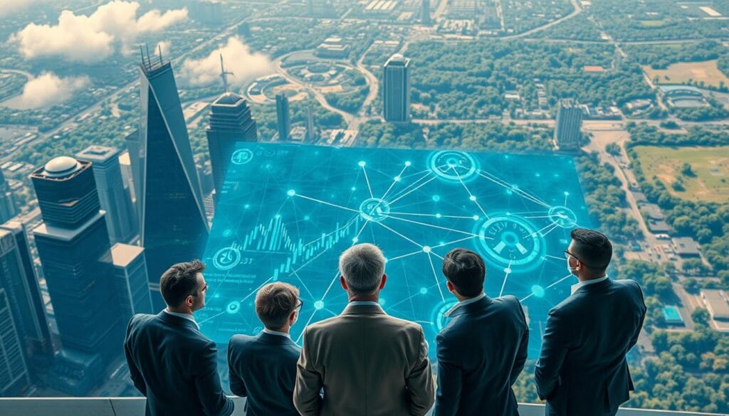 An aerial view of a financial skyline, with skyscrapers and towering graphs made of gleaming metallic structures. In the foreground, a group of financiers stands before a large, holographic display showcasing investment strategies, their expressions intent and focused. The middle ground features a complex network of digital pathways, pulsing with data visualizations that highlight improved efficiency and optimization. In the background, a blend of natural and technological elements - lush greenery interspersed with advanced computing infrastructure - creates a sense of balance and harmony. Soft, directional lighting casts a warm, authoritative glow over the scene, emphasizing the subject's gravitas and professionalism. An aerial view of a financial skyline, with skyscrapers and towering graphs made of gleaming metallic structures. In the foreground, a group of financiers stands before a large, holographic display showcasing investment strategies, their expressions intent and focused. The middle ground features a complex network of digital pathways, pulsing with data visualizations that highlight improved efficiency and optimization. In the background, a blend of natural and technological elements - lush greenery interspersed with advanced computing infrastructure - creates a sense of balance and harmony. Soft, directional lighting casts a warm, authoritative glow over the scene, emphasizing the subject's gravitas and professionalism.