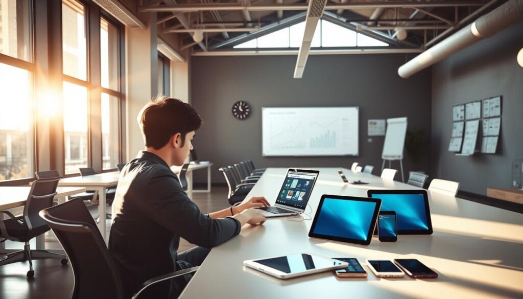 An airy, modern office interior with sleek, minimalist desks and chairs. Sunlight streams through large windows, casting a warm glow over the space. In the foreground, a young professional sits at a desk, intently focused on a laptop screen displaying various survey platforms. The middle ground showcases a selection of tablets and smartphones, representing the diverse devices used for online surveys. In the background, a minimalist whiteboard displays charts and graphs, hinting at the data analysis aspects of survey platforms. The overall atmosphere conveys a sense of productivity, technology, and the growing potential of online side hustles.