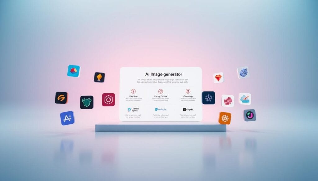 An array of free AI image generator options displayed on a sleek, modern interface. In the foreground, several app icons and logos representing popular free AI generators float in a clean, minimalist space, illuminated by soft, diffused lighting. In the middle ground, a central display showcases the key features and capabilities of these free tools, with a minimal, informative layout. The background is a subtle gradient, creating depth and emphasizing the focus on the various free AI image generation options. The overall mood is one of accessibility, versatility, and the democratization of AI-powered creative tools.