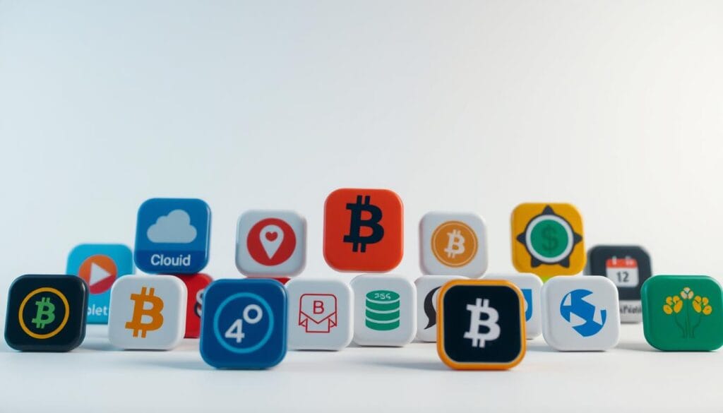 An array of passive income app icons, neatly arranged against a clean, minimalist background. The icons are detailed and vibrant, showcasing the diverse offerings of each app - from cloud storage to bitcoin mining, task completion to watching ads. The lighting is soft and diffused, creating a professional, informative atmosphere. The camera angle is slightly elevated, providing an overview of the app comparison. The composition is balanced, with the icons evenly spaced and the background color palette complementing the branding. An engaging, visually striking representation of the "Comparison with Other Passive Income Apps" section.