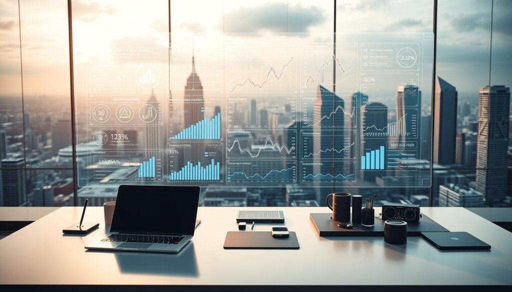 An elegant and futuristic workspace featuring a transparent holographic display showing complex financial data visualizations. The foreground has a sleek, minimalist desk with a high-end laptop, a pen tablet, and various other modern office accessories. The middle ground showcases a larger holographic screen projecting sophisticated AI-powered portfolio analysis and trading insights, with dynamic charts, graphs, and risk analysis models. The background has a panoramic view of a modern city skyline, with skyscrapers and a vibrant, tech-forward atmosphere. Soft, directional lighting illuminates the scene, creating a sense of depth and emphasizing the advanced technological elements. The overall mood is one of cutting-edge financial technology, data-driven decision making, and the fusion of human and artificial intelligence.