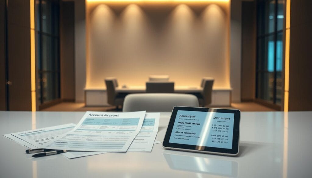 An elegant corporate office interior, bathed in warm, diffused lighting. On a sleek, minimalist desk, an assortment of financial documents and a tablet display various account types and their corresponding minimum requirements. The pages showcase a range of investment options, from high-yield savings to diversified portfolios, each with clearly defined account minimums. The overall atmosphere conveys a sense of professionalism, precision, and financial expertise, inviting the viewer to explore the nuances of modern wealth management. An elegant corporate office interior, bathed in warm, diffused lighting. On a sleek, minimalist desk, an assortment of financial documents and a tablet display various account types and their corresponding minimum requirements. The pages showcase a range of investment options, from high-yield savings to diversified portfolios, each with clearly defined account minimums. The overall atmosphere conveys a sense of professionalism, precision, and financial expertise, inviting the viewer to explore the nuances of modern wealth management.