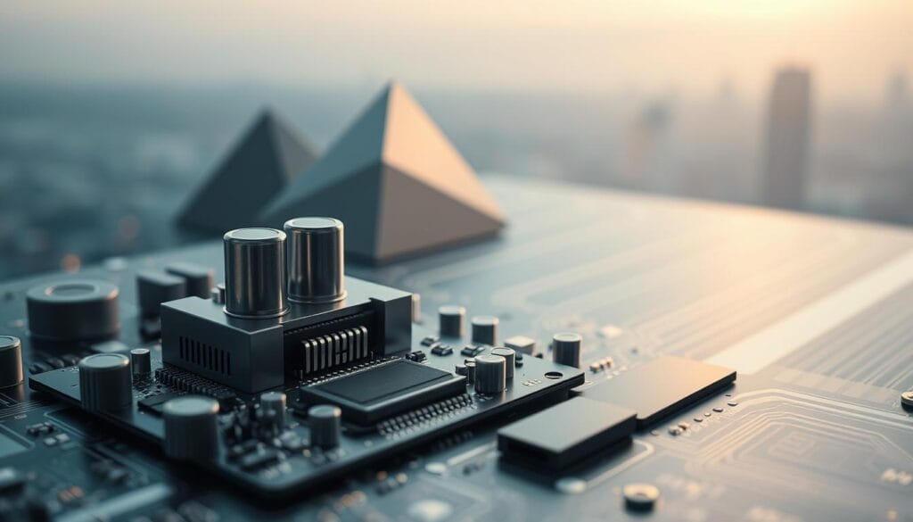 An elegant, minimalist visual representation of the core components powering modern regtech solutions. In the foreground, a sleek circuit board hosting a cluster of microchips, capacitors, and precision sensors, their metallic surfaces gleaming under crisp, directional lighting. In the middle ground, abstract geometric shapes in muted tones symbolize the advanced data processing and analytics capabilities at the heart of regtech. The background features a subtle, out-of-focus cityscape, hinting at the enterprise-wide integration and real-world applications of these innovative compliance technologies. The overall mood is one of sophistication, efficiency, and the seamless convergence of finance, regulation, and technology.