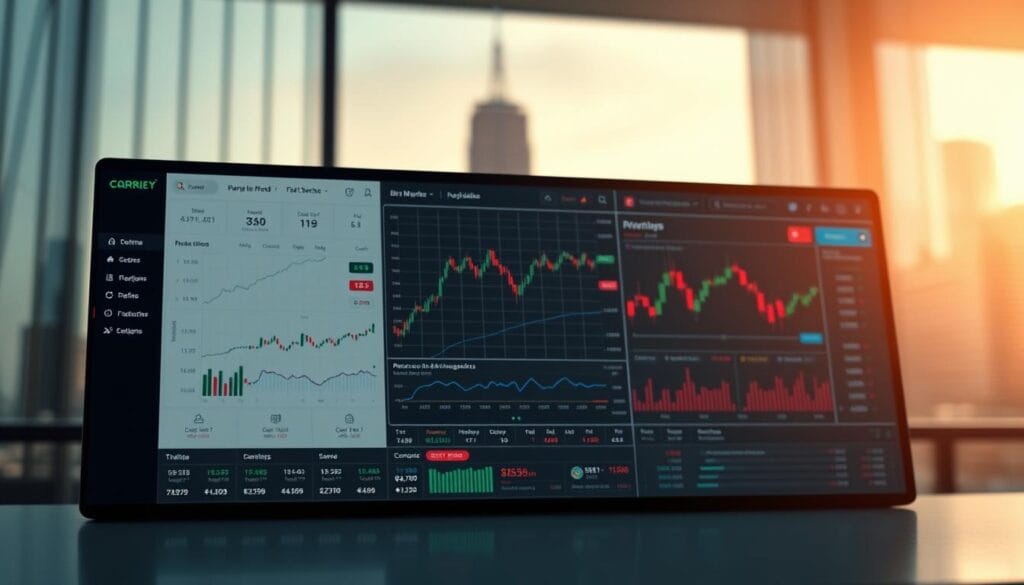 An elegant, modern trading platform interface with a clean, minimalist design. The foreground features a sleek, intuitive dashboard with customizable charts, trading tools, and account management controls. The middle ground showcases a large, high-resolution market data display, presenting real-time stock prices, trends, and analytical insights. In the background, a subtle, blurred cityscape creates a sense of urban sophistication, while warm, balanced lighting sets a professional, trustworthy tone. The overall atmosphere conveys a comprehensive, powerful, and user-friendly trading solution.