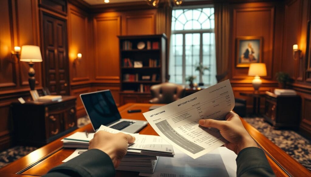 An elegant office interior with a large wooden desk, a laptop, and stacks of financial documents. The room is bathed in warm, directional lighting, creating a sense of professionalism and focus. In the foreground, a person's hands are reviewing credit card statements, suggesting the process of evaluating debt relief options. The background features a bookshelf and a framed artwork, adding depth and visual interest to the scene. The overall atmosphere conveys a thoughtful, responsible approach to managing personal finances.