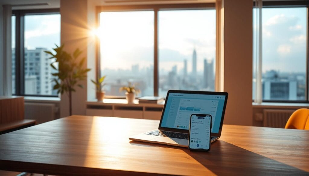 An elegant office workspace bathed in warm, natural lighting. In the foreground, a laptop and smartphone sit atop a minimalist wooden desk, their screens displaying an intuitive expense tracking interface. In the middle ground, a plant and a stylish desk organizer add touches of greenery and organization. The background features a large window overlooking a picturesque urban landscape, creating a serene and productive atmosphere. Subtle design elements like clean lines and a neutral color palette convey a sense of efficiency and professionalism, perfectly suited for an AI-powered expense tracking application. An elegant office workspace bathed in warm, natural lighting. In the foreground, a laptop and smartphone sit atop a minimalist wooden desk, their screens displaying an intuitive expense tracking interface. In the middle ground, a plant and a stylish desk organizer add touches of greenery and organization. The background features a large window overlooking a picturesque urban landscape, creating a serene and productive atmosphere. Subtle design elements like clean lines and a neutral color palette convey a sense of efficiency and professionalism, perfectly suited for an AI-powered expense tracking application.