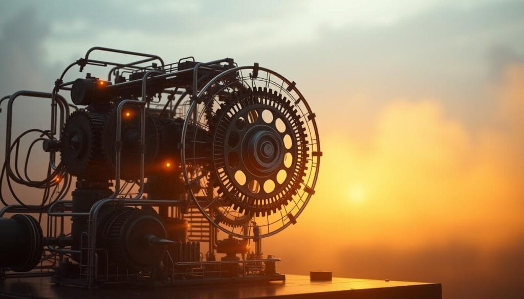 An elegant wireframe diagram depicting the conceptual structure of an Alan Turing machine, its intricate gears and components illuminated by soft, warm lighting. The machine's core processing unit, a central cogwheel encircled by a myriad of interconnected mechanisms, represents the dawn of machine intelligence. In the background, a hazy, ethereal landscape evokes the pioneering spirit of Turing's groundbreaking work, leading to the emergence of artificial intelligence. The scene conveys a sense of innovation, precision, and the visionary thinking that shaped the future of computing. An elegant wireframe diagram depicting the conceptual structure of an Alan Turing machine, its intricate gears and components illuminated by soft, warm lighting. The machine's core processing unit, a central cogwheel encircled by a myriad of interconnected mechanisms, represents the dawn of machine intelligence. In the background, a hazy, ethereal landscape evokes the pioneering spirit of Turing's groundbreaking work, leading to the emergence of artificial intelligence. The scene conveys a sense of innovation, precision, and the visionary thinking that shaped the future of computing.