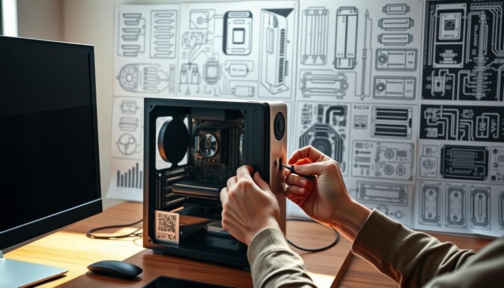 An ergonomic desktop setup with a sleek, silver computer tower and monitor on a wooden desk, illuminated by natural light from a nearby window. In the foreground, a pair of hands carefully maintaining the hardware, using a small screwdriver to open the tower's side panel. The background features an array of technical diagrams and schematics, providing visual cues for extending the lifespan of the system components. The overall scene conveys a sense of purposeful, meticulous care and a commitment to preserving the functionality of high-tech equipment. An ergonomic desktop setup with a sleek, silver computer tower and monitor on a wooden desk, illuminated by natural light from a nearby window. In the foreground, a pair of hands carefully maintaining the hardware, using a small screwdriver to open the tower's side panel. The background features an array of technical diagrams and schematics, providing visual cues for extending the lifespan of the system components. The overall scene conveys a sense of purposeful, meticulous care and a commitment to preserving the functionality of high-tech equipment.