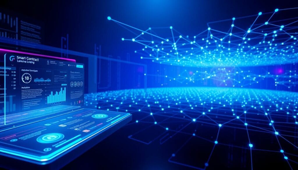 An expansive digital rendering of a futuristic smart contract interface for secure lending on the blockchain. The foreground depicts a sleek, holographic control panel with adaptive UI elements and embedded analytics. The middle ground showcases a secure, distributed ledger that visually tracks and validates loan transactions. The background features a network of interconnected nodes, glowing with the energy of blockchain validation. Subtle blue and purple lighting casts an aura of technological sophistication, while the overall composition conveys a sense of trust, transparency and financial empowerment. An expansive digital rendering of a futuristic smart contract interface for secure lending on the blockchain. The foreground depicts a sleek, holographic control panel with adaptive UI elements and embedded analytics. The middle ground showcases a secure, distributed ledger that visually tracks and validates loan transactions. The background features a network of interconnected nodes, glowing with the energy of blockchain validation. Subtle blue and purple lighting casts an aura of technological sophistication, while the overall composition conveys a sense of trust, transparency and financial empowerment.