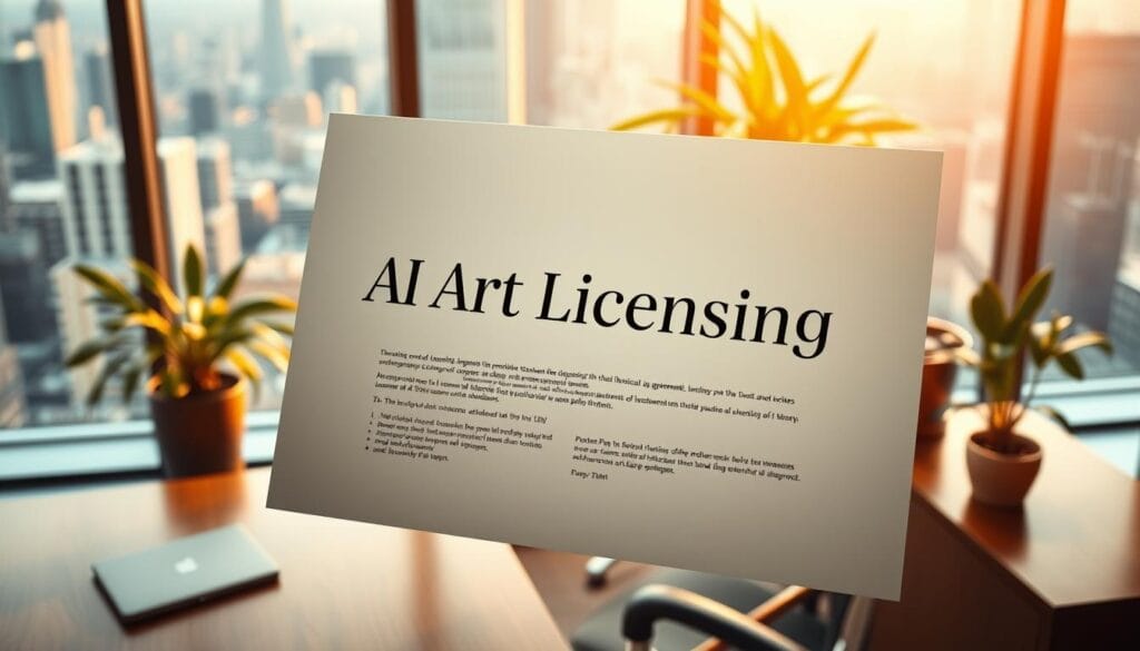 An expansive, gleaming contract document floating in a professional office setting. The contract is emblazoned with the text "AI Art Licensing Agreement" in crisp, authoritative lettering. The background features a tasteful arrangement of potted plants, a wooden desk, and a large window overlooking a bustling cityscape. Warm, natural lighting filters through the glass, casting a cozy glow over the scene. The overall atmosphere conveys a sense of legality, legitimacy, and the careful consideration of intellectual property rights in the age of AI-generated artwork. An expansive, gleaming contract document floating in a professional office setting. The contract is emblazoned with the text "AI Art Licensing Agreement" in crisp, authoritative lettering. The background features a tasteful arrangement of potted plants, a wooden desk, and a large window overlooking a bustling cityscape. Warm, natural lighting filters through the glass, casting a cozy glow over the scene. The overall atmosphere conveys a sense of legality, legitimacy, and the careful consideration of intellectual property rights in the age of AI-generated artwork.