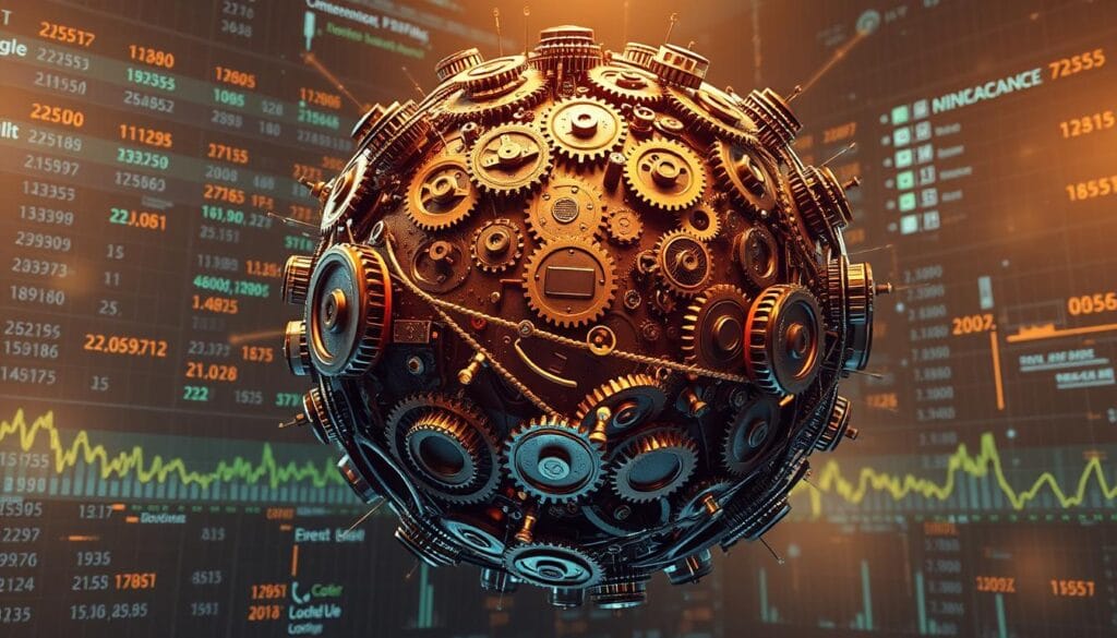 An expansive, globe-like structure composed of interlocking gears, circuits, and financial symbols floats against a backdrop of shifting currency exchange rates, stock market graphs, and ethereal data streams. The central composition is illuminated by a warm, diffused light, casting soft shadows and highlights that accentuate the intricate mechanical and digital elements. The overall scene conveys a sense of global interconnectedness, technological innovation, and the dynamic nature of modern finance, inviting the viewer to explore the multifaceted world of financial education and expertise.