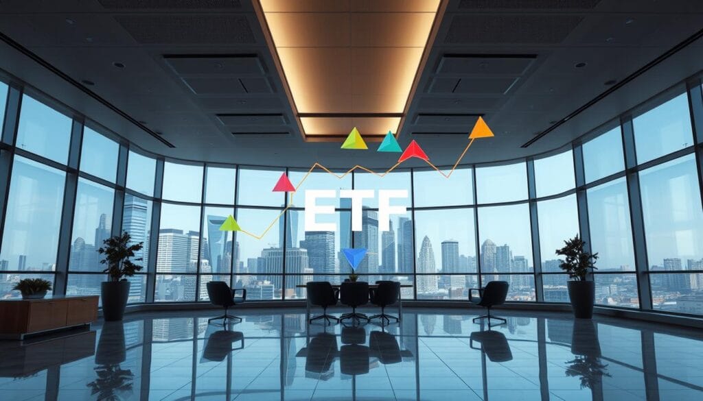 An expansive, well-lit financial office with floor-to-ceiling windows overlooking a bustling city skyline. At the center, a stylized graphic display depicting various ETF investment options, each represented by distinct geometric shapes and vibrant colors. The shapes pulsate and intertwine, symbolizing the dynamic growth potential of these long-term investment vehicles. The overall atmosphere is one of professionalism, innovation, and optimism, reflecting the promise of ETFs as a powerful tool for building wealth over time. An expansive, well-lit financial office with floor-to-ceiling windows overlooking a bustling city skyline. At the center, a stylized graphic display depicting various ETF investment options, each represented by distinct geometric shapes and vibrant colors. The shapes pulsate and intertwine, symbolizing the dynamic growth potential of these long-term investment vehicles. The overall atmosphere is one of professionalism, innovation, and optimism, reflecting the promise of ETFs as a powerful tool for building wealth over time.