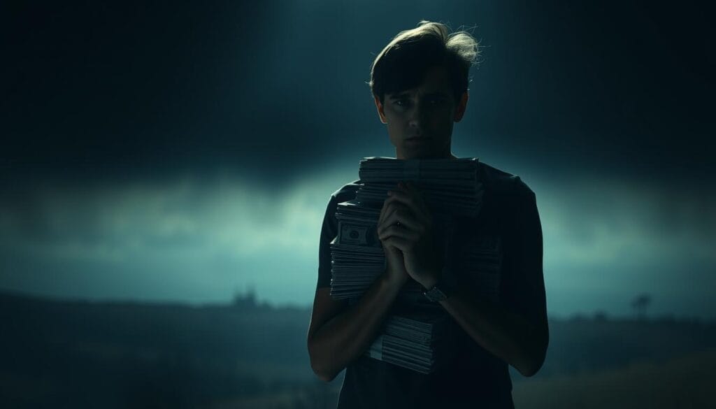 An imposing stack of dollar bills casts a long shadow over a worried-looking person, their hands clasped in concern. The foreground is dimly lit, lending an air of unease, while the background fades into a hazy, indistinct landscape, symbolizing the uncertain financial future. The lighting is dramatic, casting deep shadows and highlighting the tension of the scene. The composition draws the viewer's eye to the central figure, emphasizing the personal impact of the payday loan risks. The overall atmosphere is one of apprehension and the sense of being trapped in a difficult financial situation.